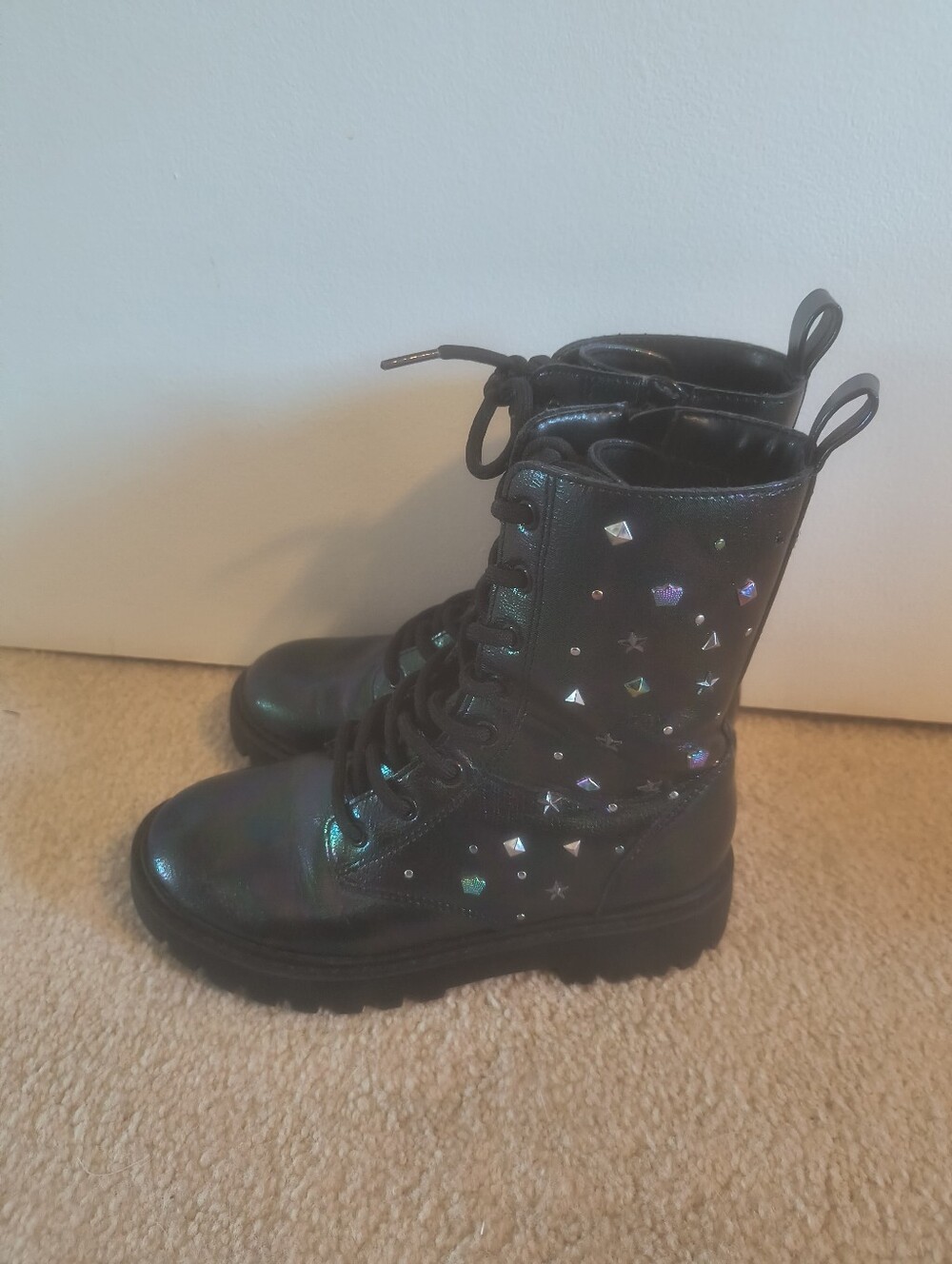 Iridescent Black Combat Boots with Stud Details